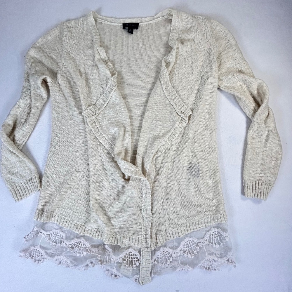 AB Studio Womens‎ Oatmeal Draped Open Front Lace Trim Cardigan Sweater 0425A6D L